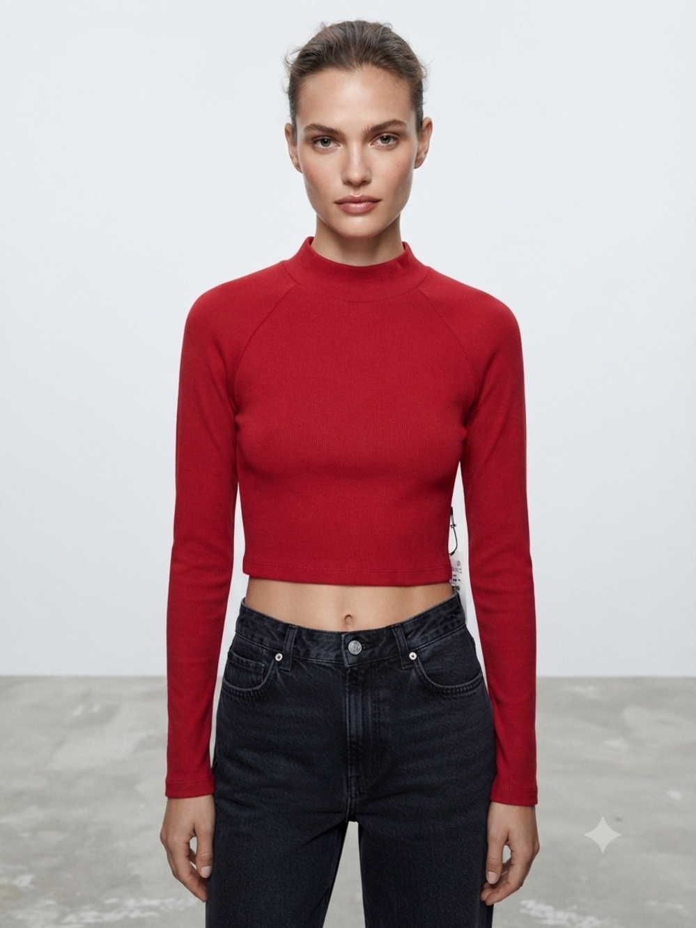 Zara Red Long-Sleeve Cropped Mock Neck Top